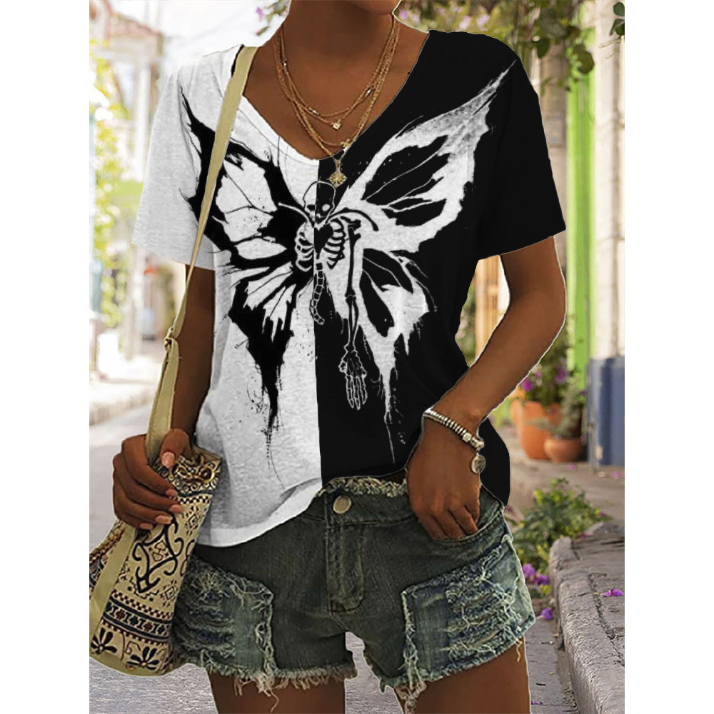Skeleton Spooky Butterfly Contrast V Neck T Shirt