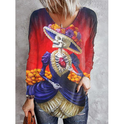 Skull Bridal Print Long Sleeve T-Shirt