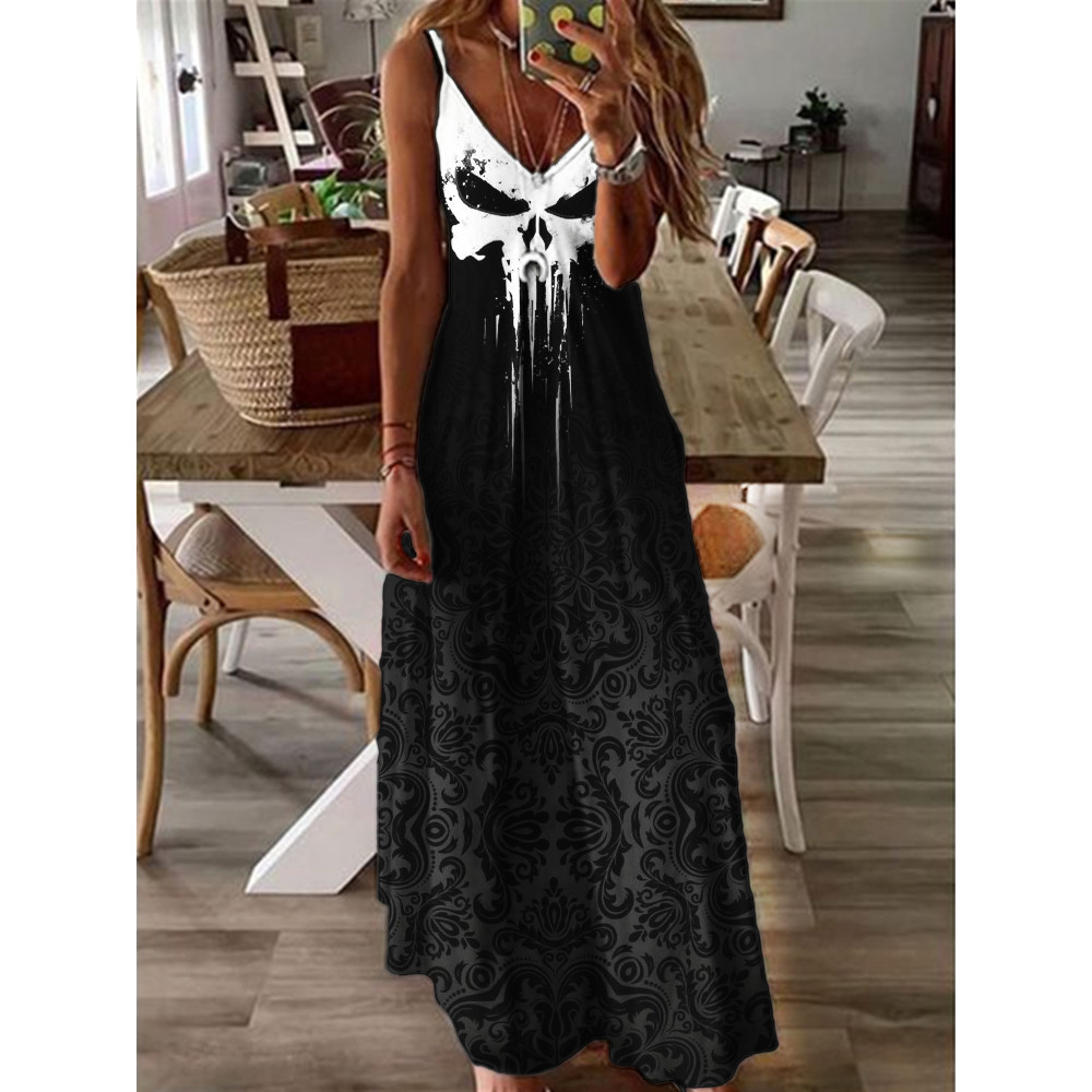 Skull Contrast Gothic Pattern Gradient Cami Maxi Dress