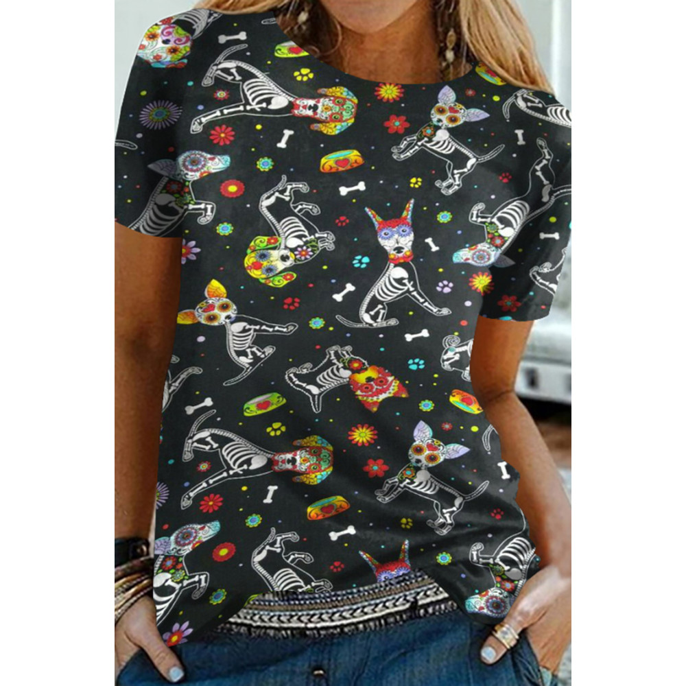 Skull Dog Print Short Sleeve T-Shirt