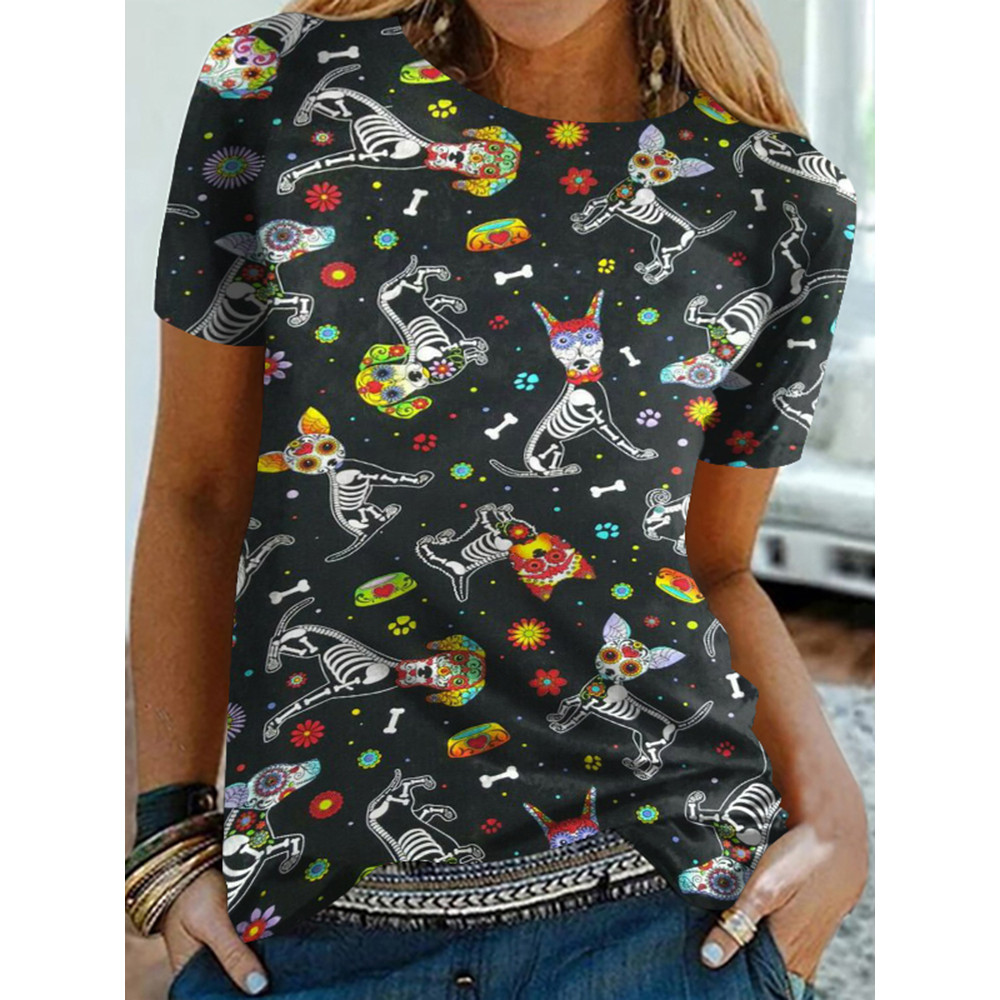 Skull Dog Print Short Sleeve T-Shirt