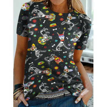 Skull Dog Print Short Sleeve T-Shirt