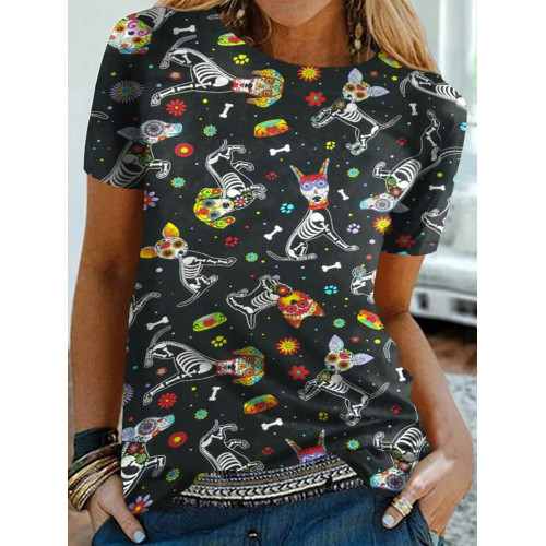 Skull Dog Print Short Sleeve T-Shirt