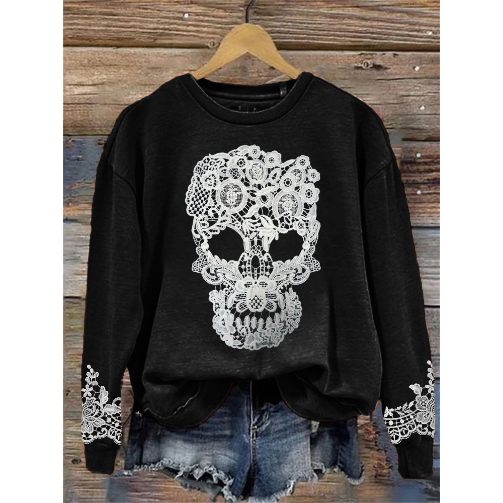 Skull Floral Lace Art Washed Sweatshirt