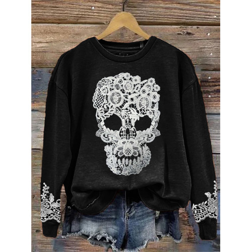Skull Floral Lace Art Washed Sweatshirt