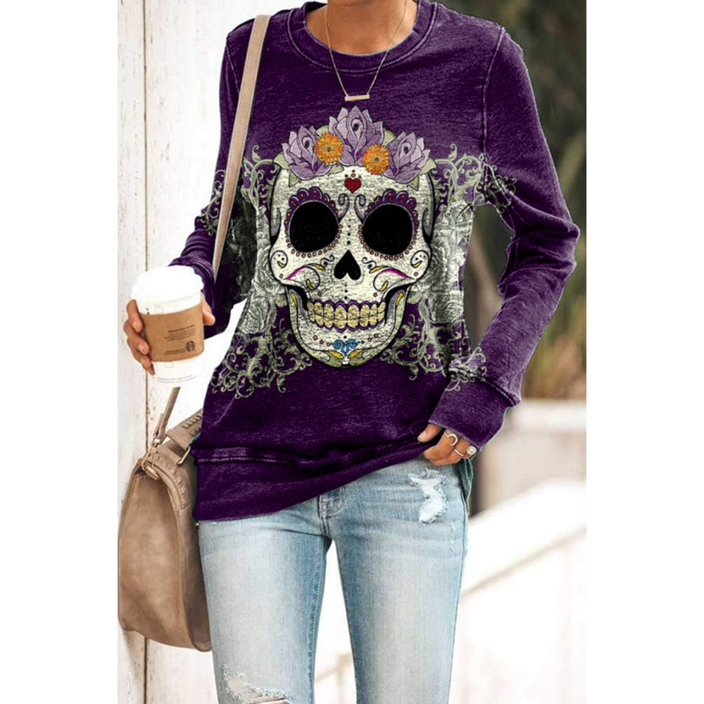 Skull Floral Print Long Sleeve T-Shirt