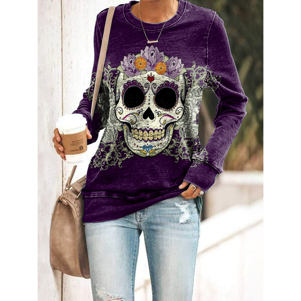 Skull Floral Print Long Sleeve T-Shirt