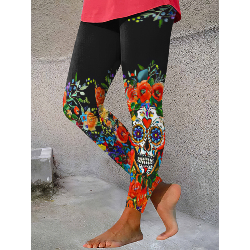 Skull Flower Print Casual Leggings