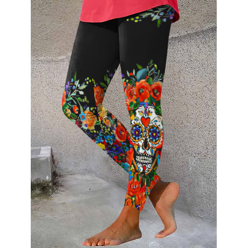 Skull Flower Print Casual Leggings