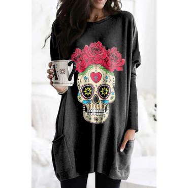 Skull Rose Print Long Sleeve Tunic