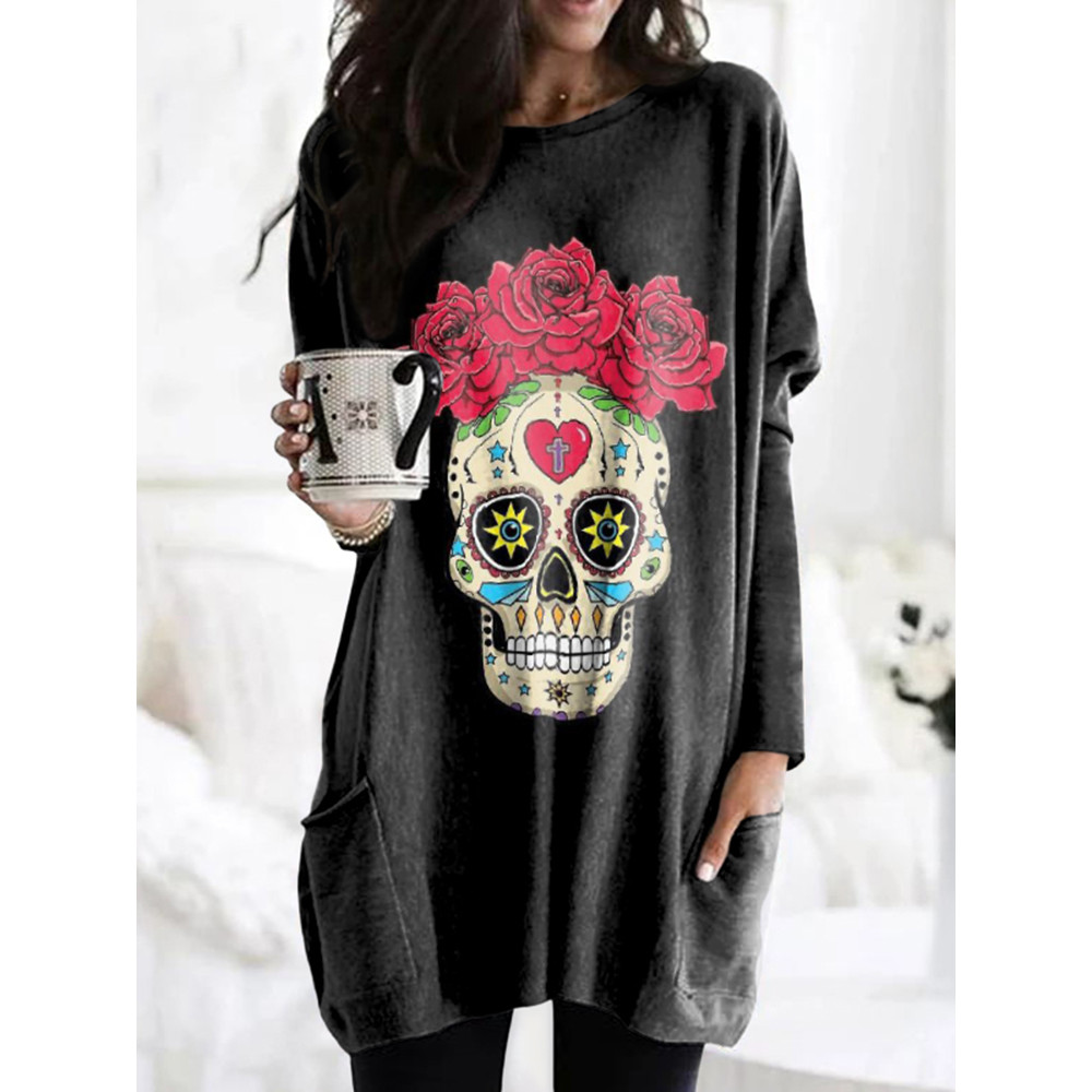 Skull Rose Print Long Sleeve Tunic
