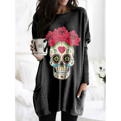 Skull Rose Print Long Sleeve Tunic