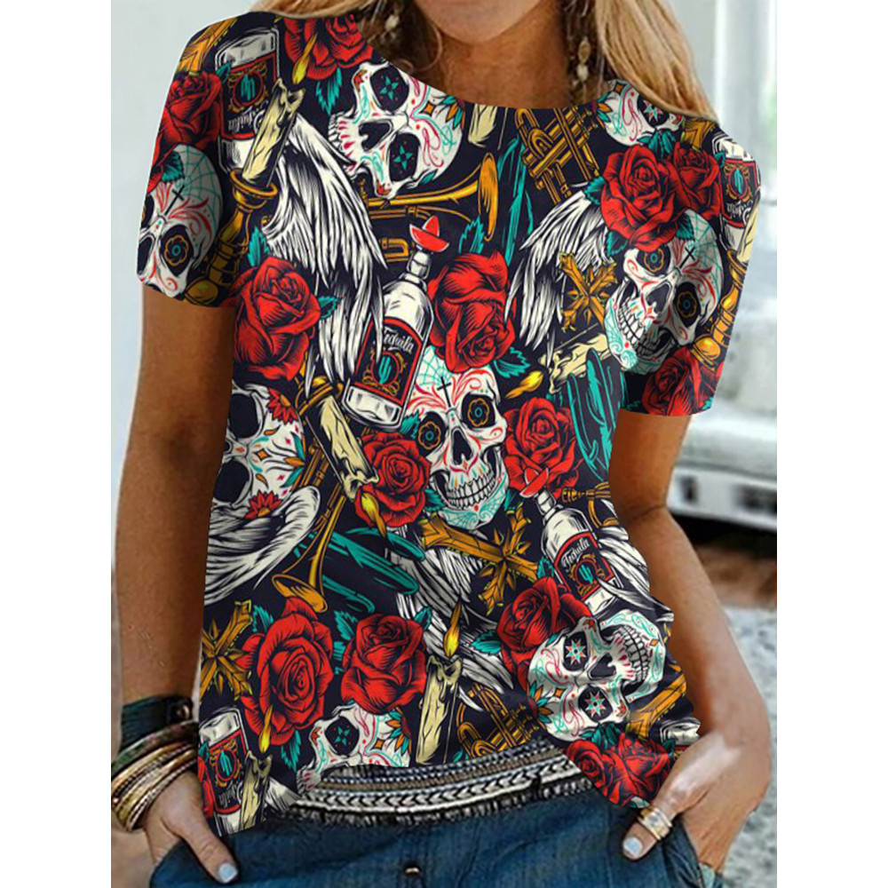Skull Rose Print Short Sleeve T-Shirt