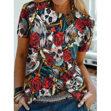 Skull Rose Print Short Sleeve T-Shirt