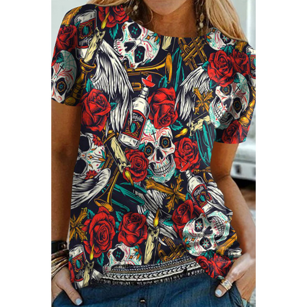 Skull Rose Print Short Sleeve T-Shirt