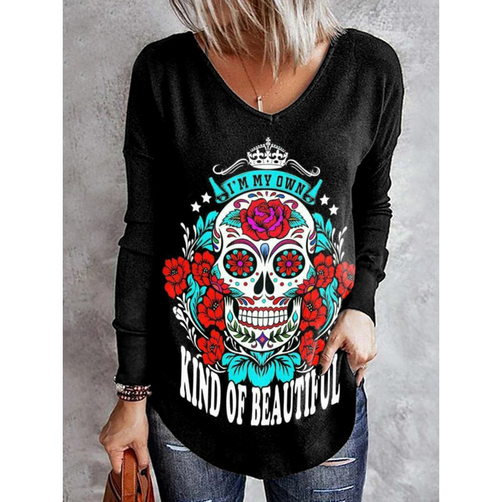 Skull Slogan Print Long Sleeve T-Shirt