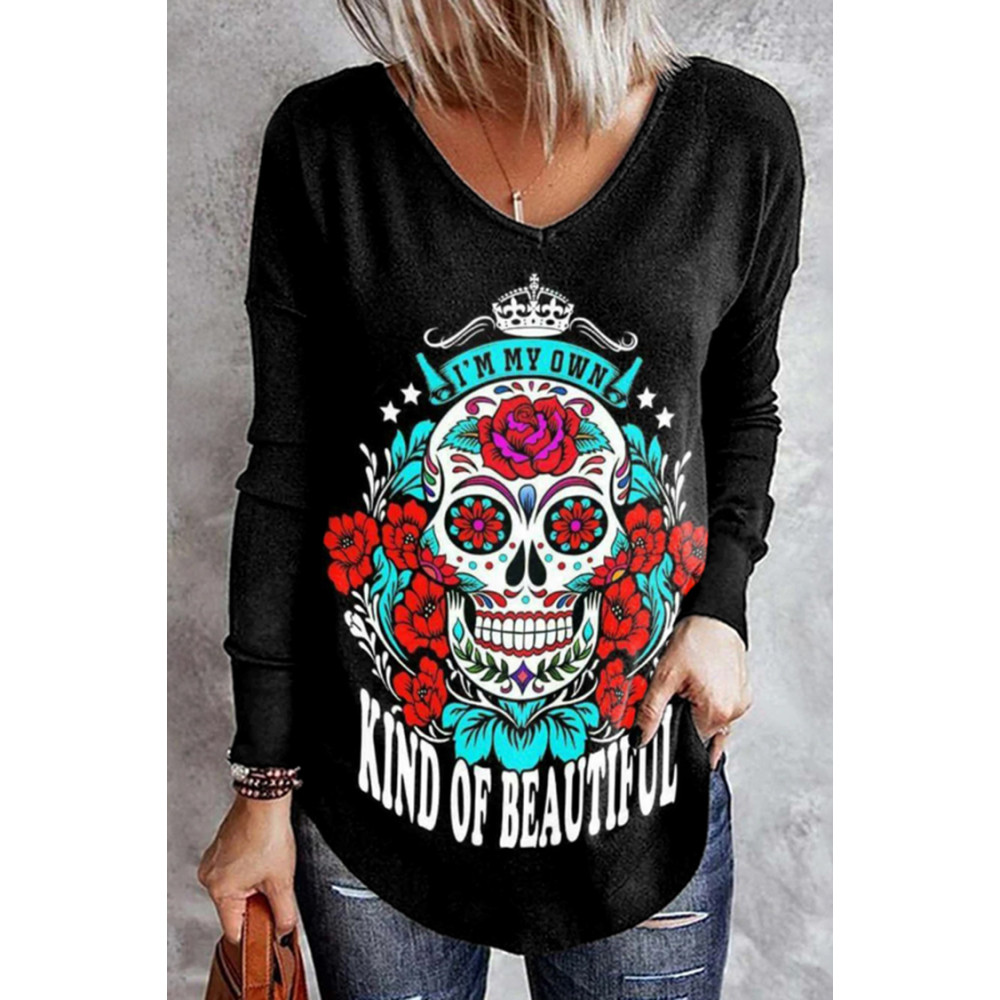 Skull Slogan Print Long Sleeve T-Shirt