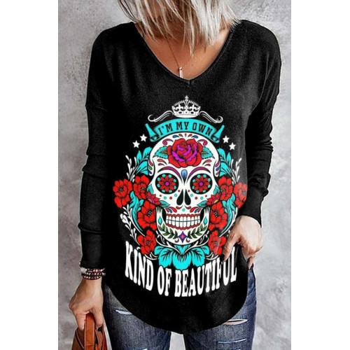 Skull Slogan Print Long Sleeve T-Shirt