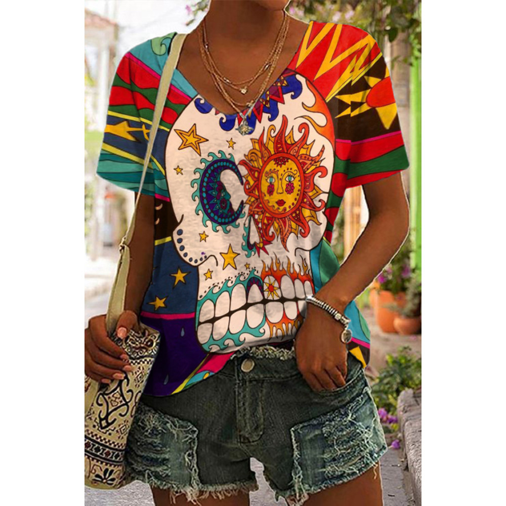 Star Moon Skull Print Short Sleeve T-Shirt