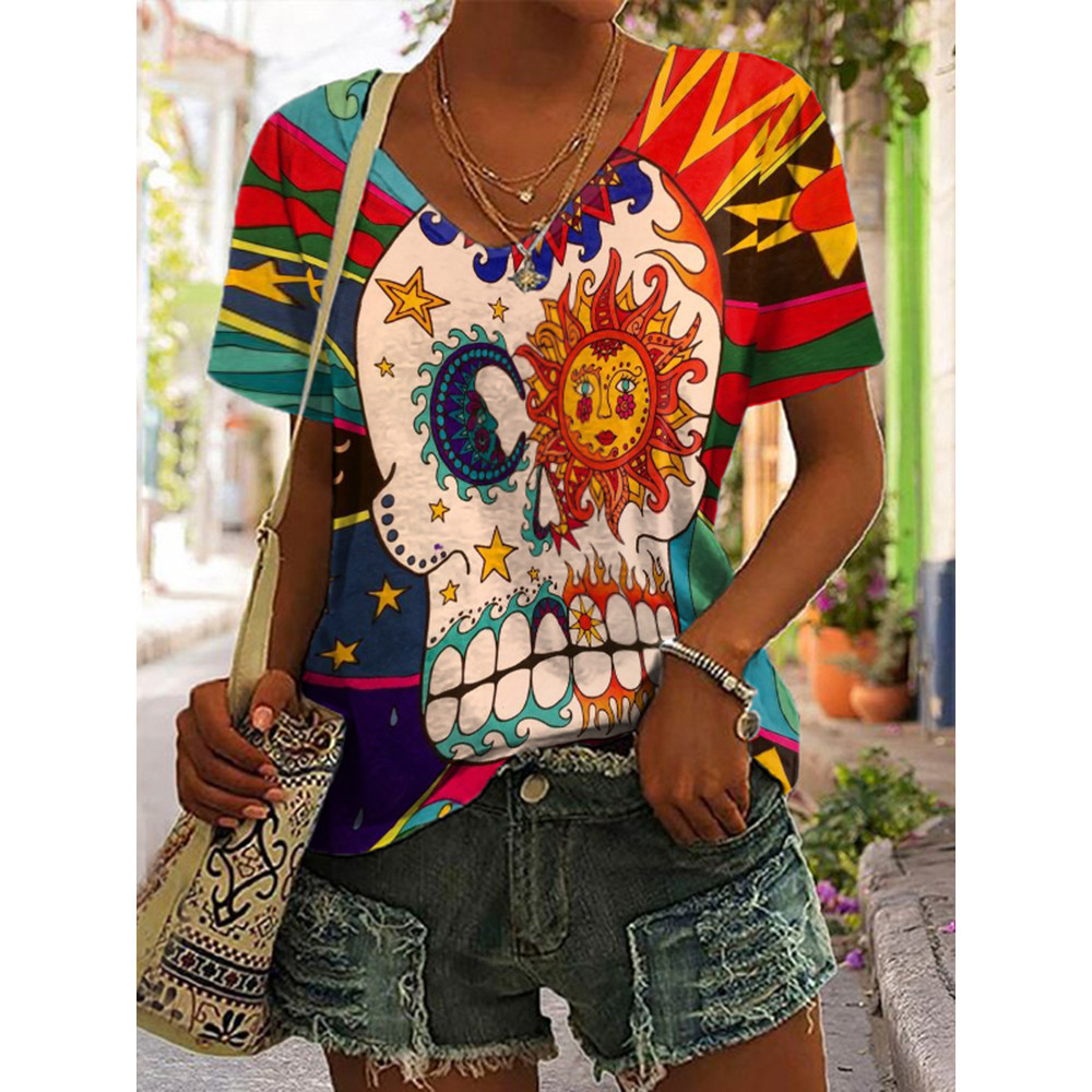 Star Moon Skull Print Short Sleeve T-Shirt