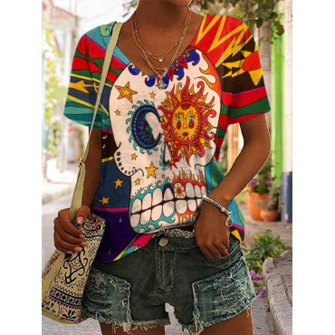 Star Moon Skull Print Short Sleeve T-Shirt