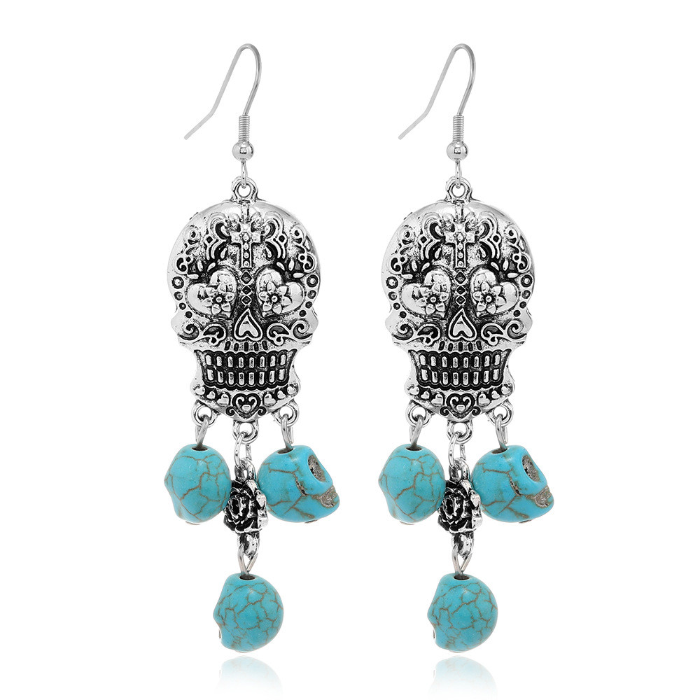 Sugar Skull Carved Turquoise Pendant Earrings