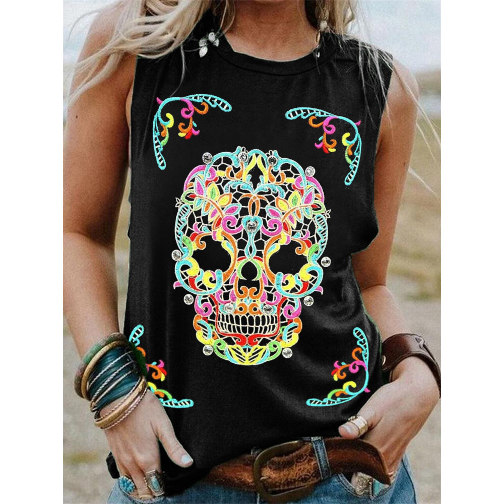 Sugar Skull Ethnic Floral Art Graphic Tank Top