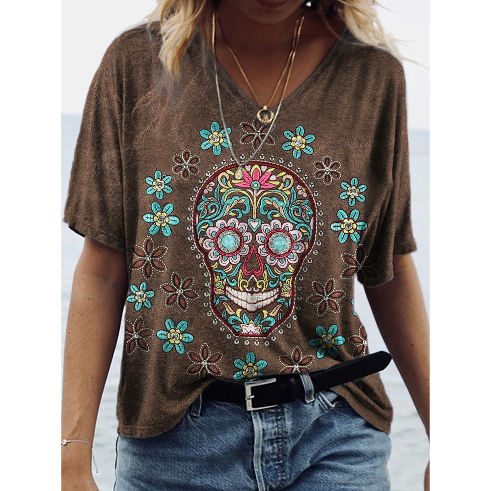 Sugar Skull Floral Leather Art V Neck T Shirt