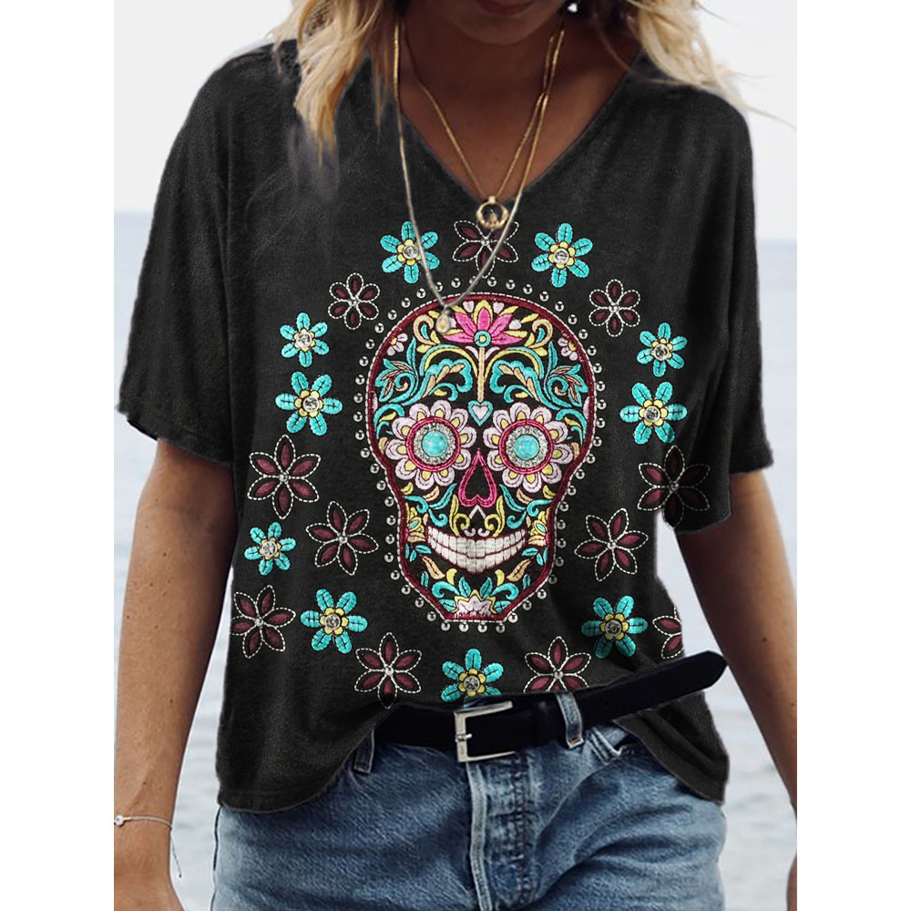 Sugar Skull Floral Leather Art V Neck T Shirt