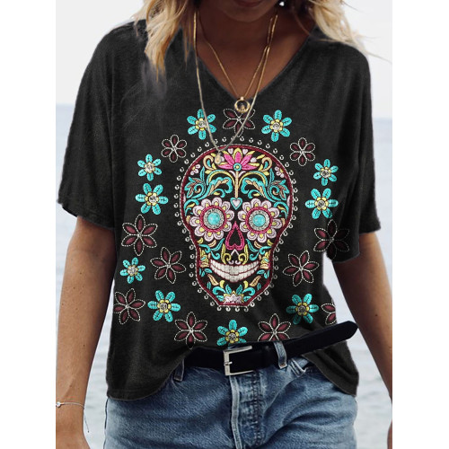 Sugar Skull Floral Leather Art V Neck T Shirt