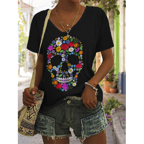 Sugar Skull Flowers Art V Neck T Shirt