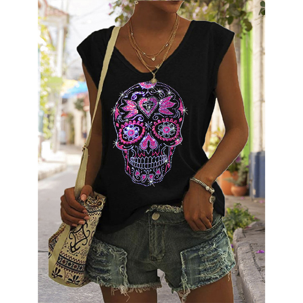 Sugar Skull Glitter Art V Neck Tank Top