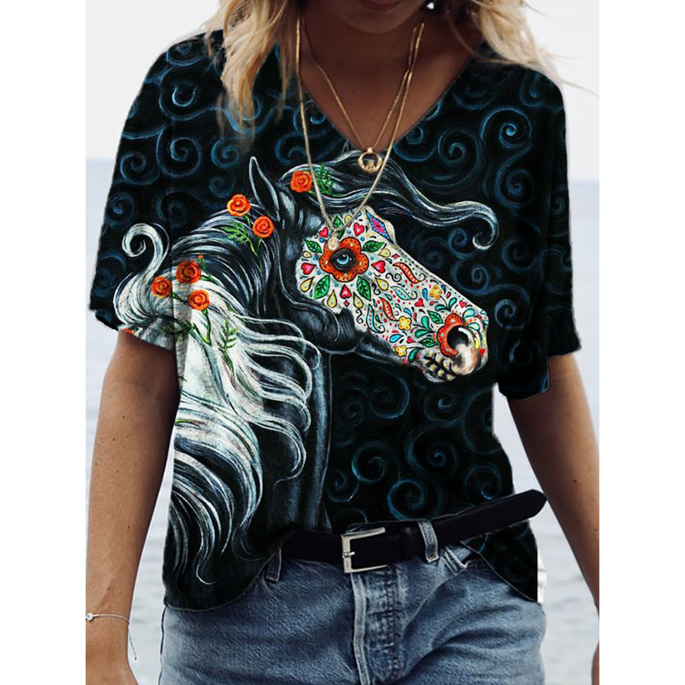 Sugar Skull Inspired Horse Art V Neck T Shirt