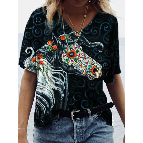 Sugar Skull Inspired Horse Art V Neck T Shirt