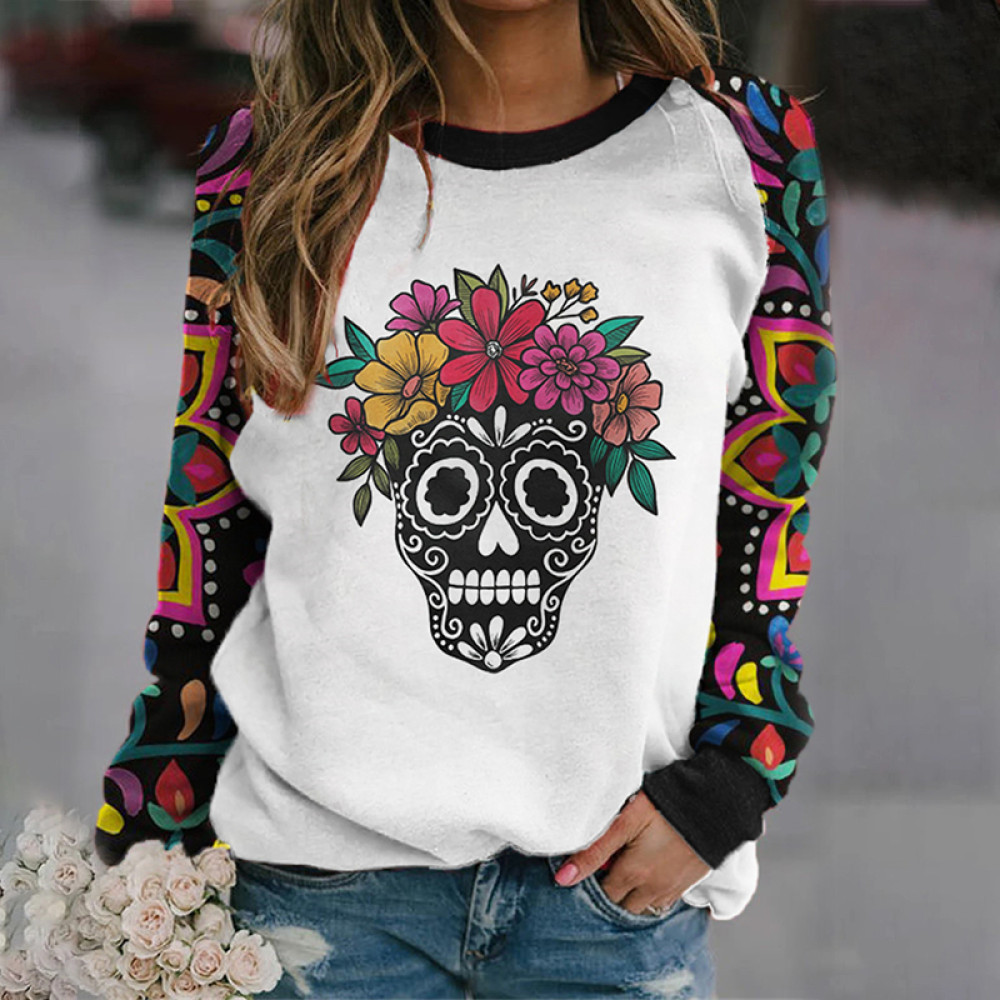 Sugar Skull Mexican Flowers Patchwork Sweatshirt