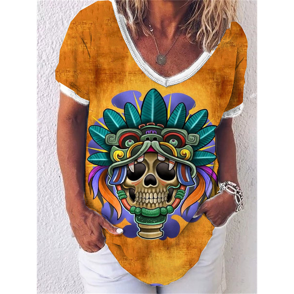 Sugar Skull Print V Neck Comfy T Shirt
