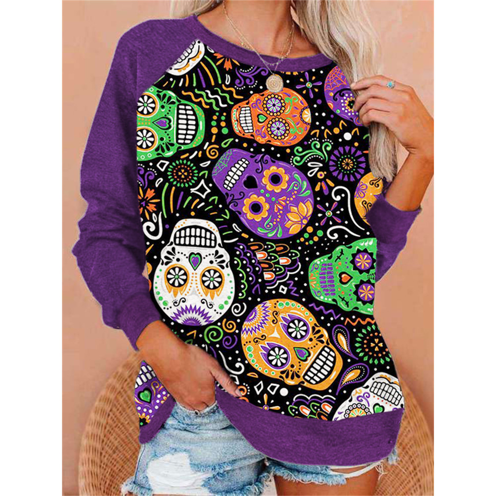 Sugar Skulls Pattern Contrast Color Sweatshirt