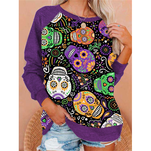 Sugar Skulls Pattern Contrast Color Sweatshirt