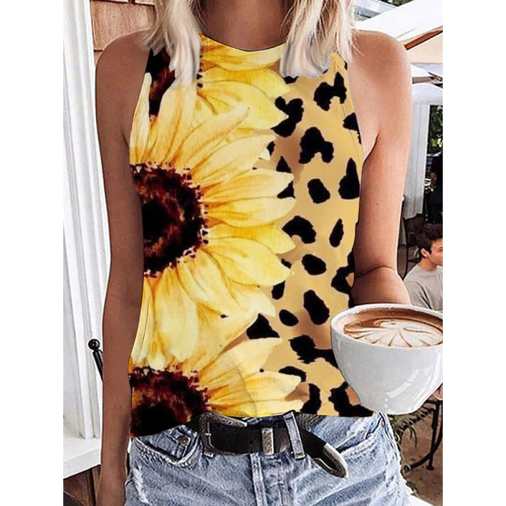 Sunflower And Leopard Graphic Round Neck Tank Top