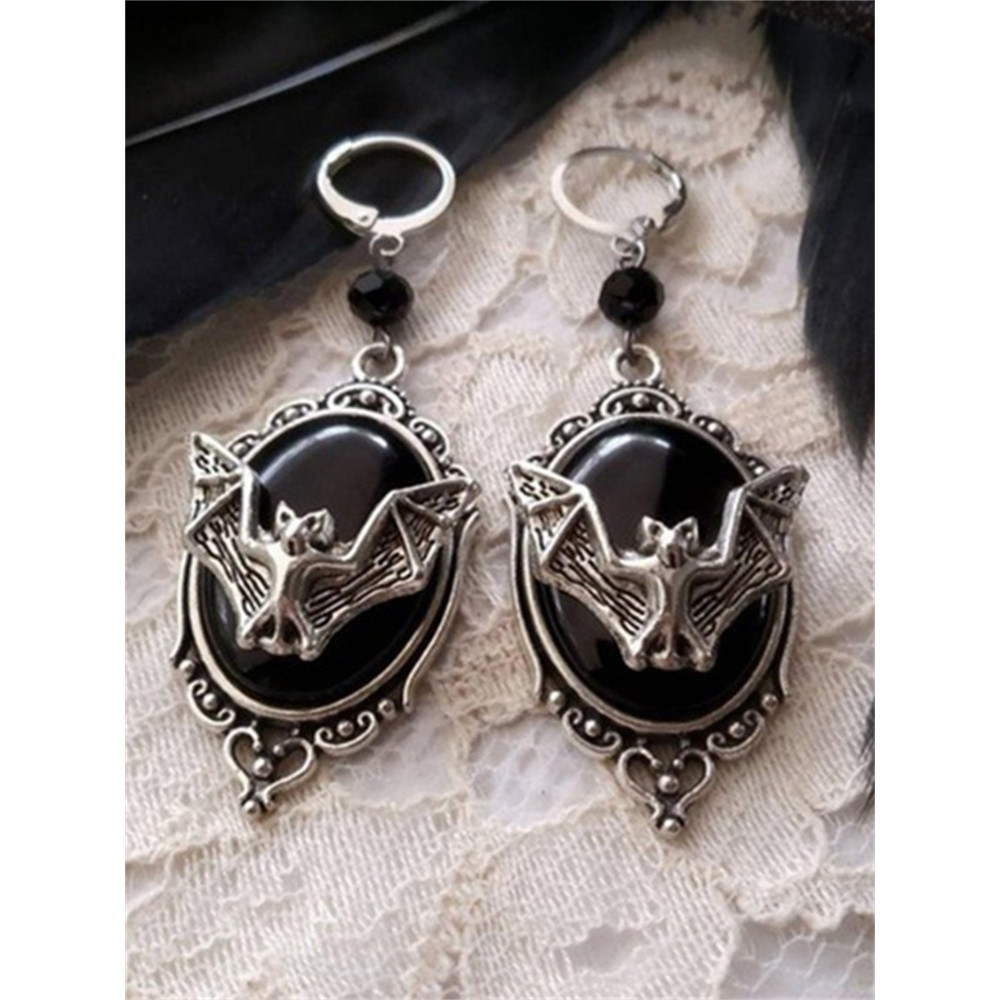 Vintage Bat Carved Black Stone Earrings