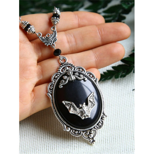Vintage Bat Carved Black Stone Necklace