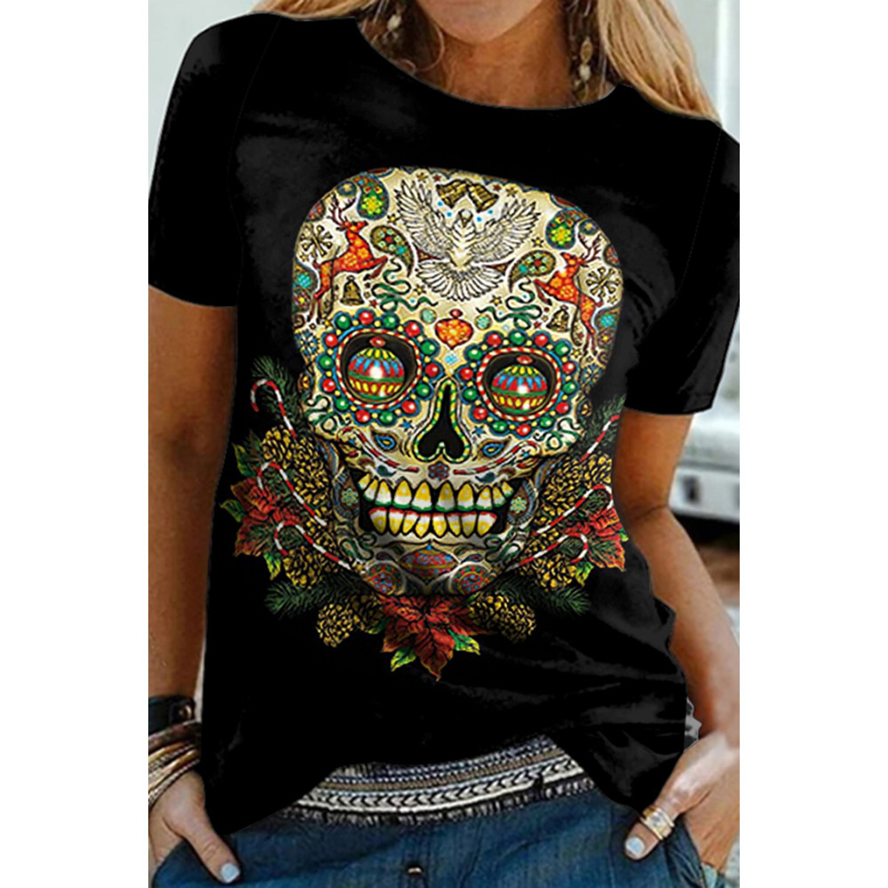 Vintage Floral Skull Print Short Sleeve T-Shirt