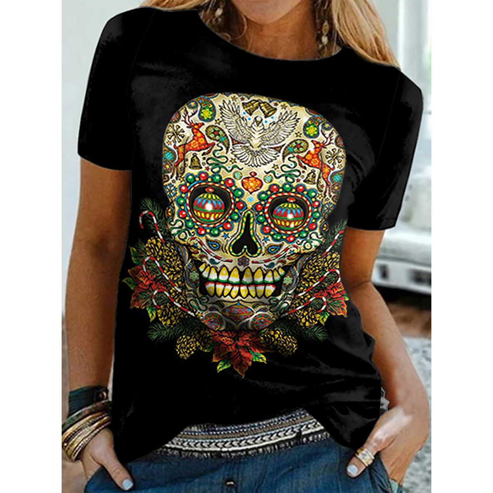 Vintage Floral Skull Print Short Sleeve T-Shirt