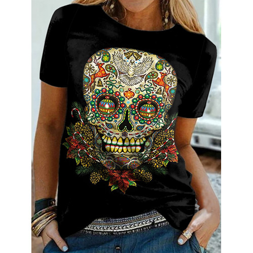 Vintage Floral Skull Print Short Sleeve T-Shirt