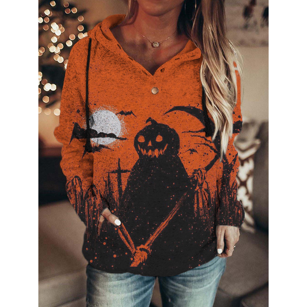 Vintage Halloween Pumpkin Ghost Art Button Up Hoodie