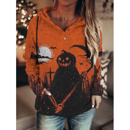 Vintage Halloween Pumpkin Ghost Art Button Up Hoodie