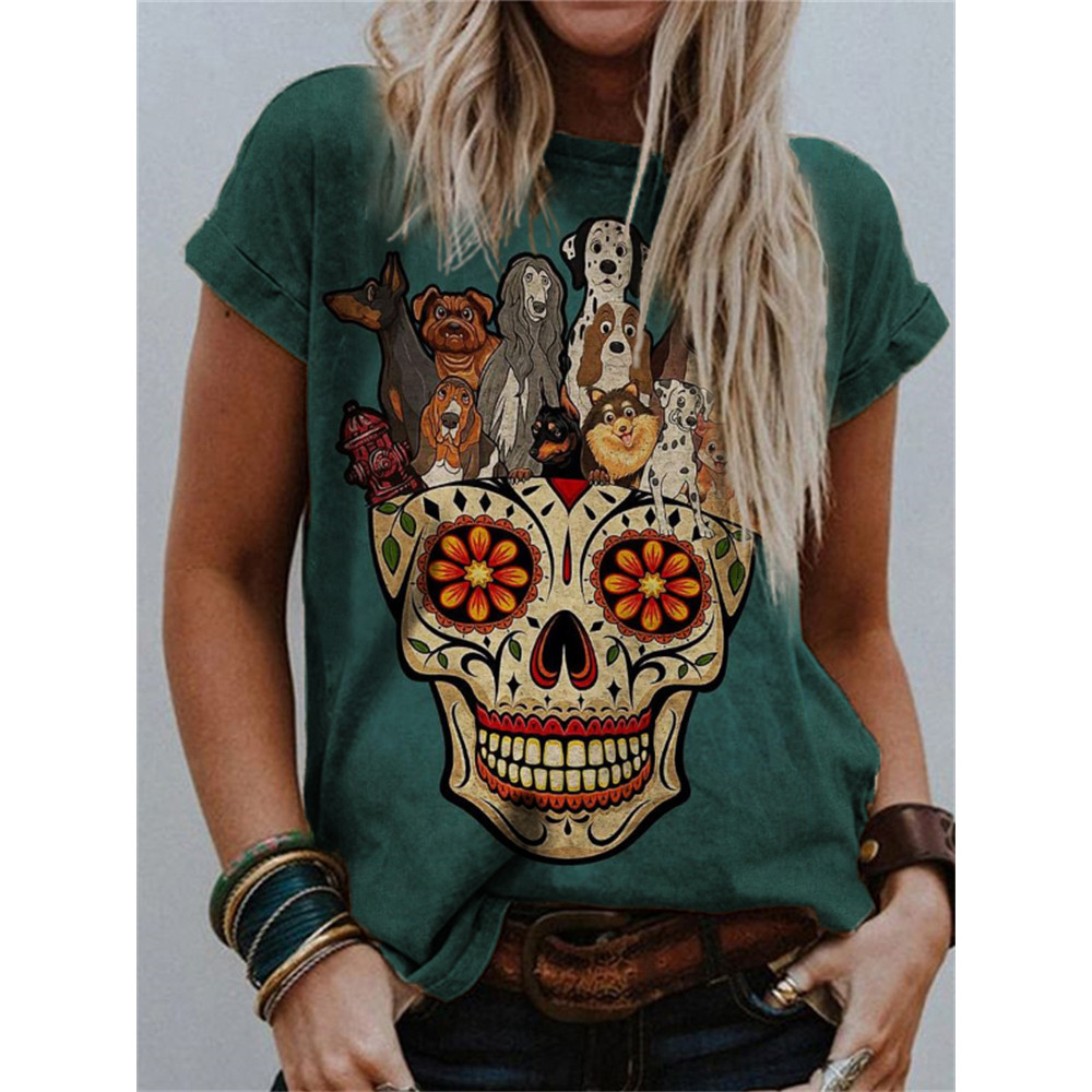 Vintage Lovely Dogs Sugar Skull Crew Neck T Shirt