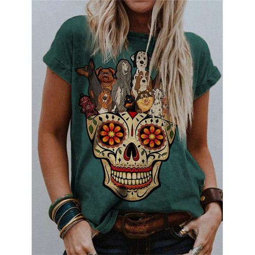 Vintage Lovely Dogs Sugar Skull Crew Neck T Shirt