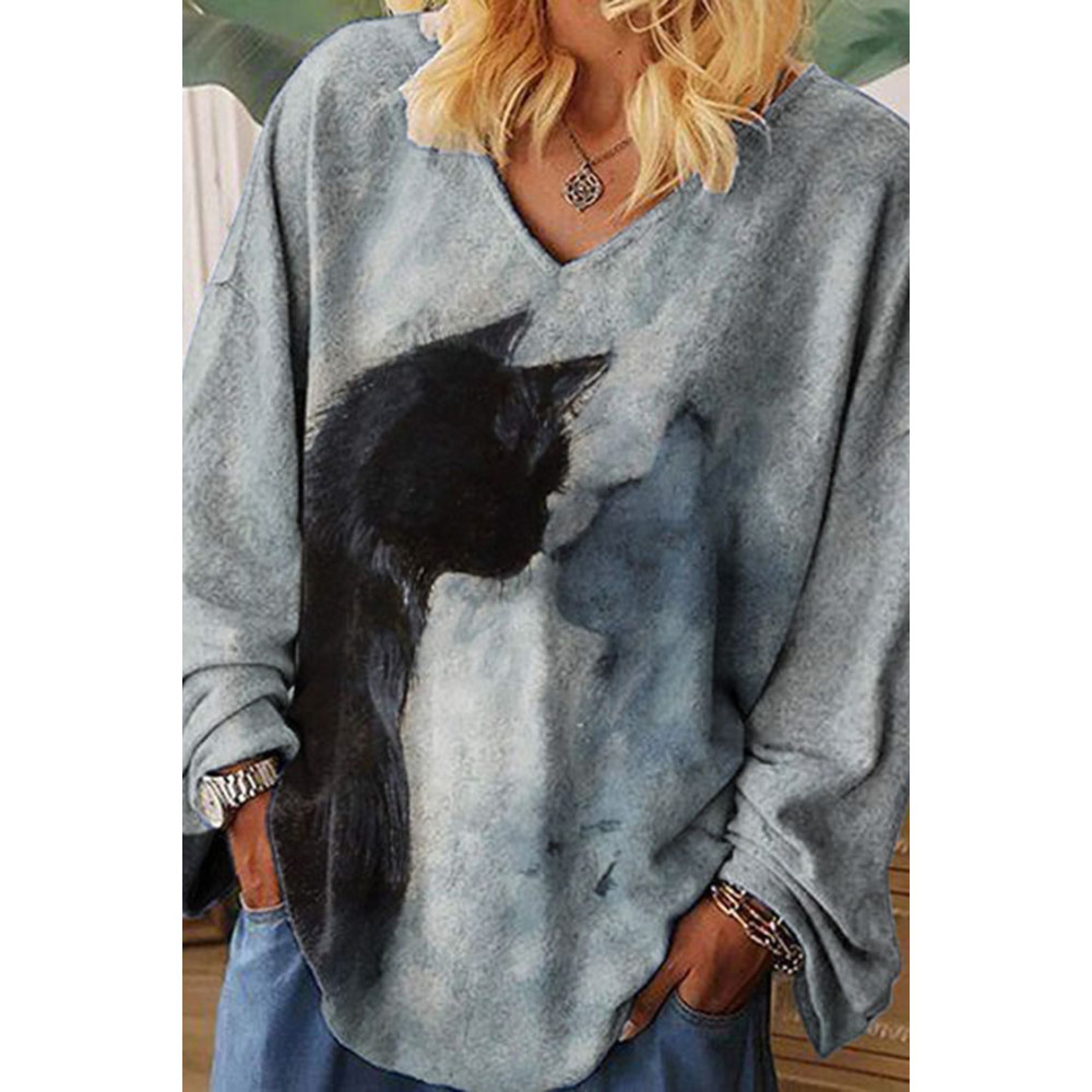 Watercolor Cat Print Loose T-Shirt