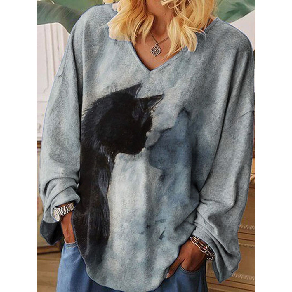 Watercolor Cat Print Loose T-Shirt